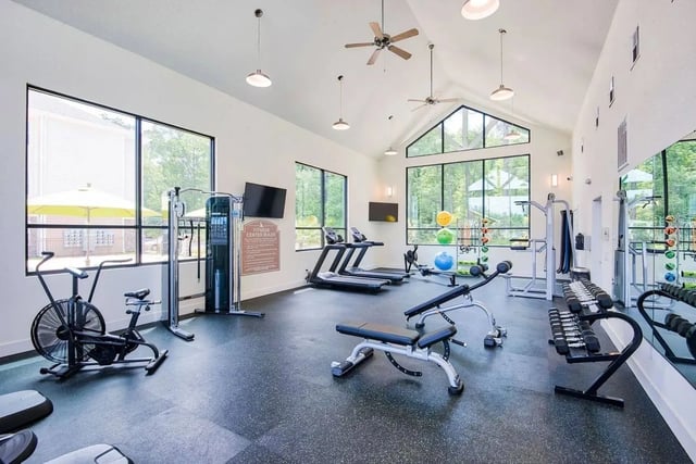 Treadmills weights benches exercise bike fitness center at Waypoint at Hammond in Hammond Student Accommodation