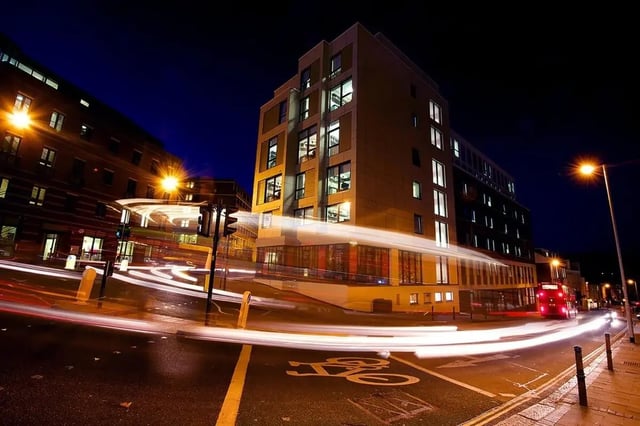 Modern building light trails bus street exterior at Vita Student Portland House - Exeter in Exeter Student Accommodation