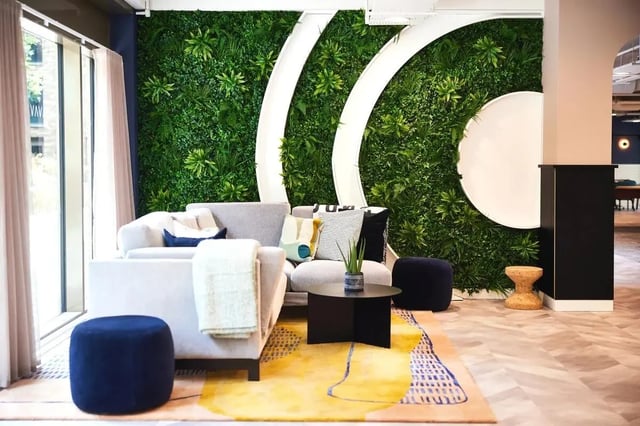 Sofa and plants with abstract rug Living room at Vita Student Cannon Park Warwick in Coventry Student Accommodation