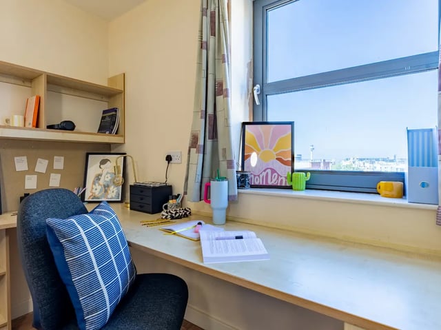 Desk with chair books and window Study Area at Europa in Liverpool Student Accommodation