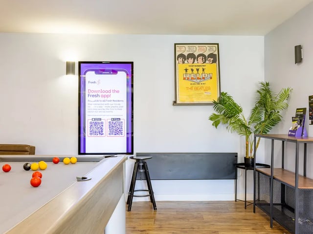 Pool table digital screen and plant lounge area at Europa in Liverpool Student Accommodation