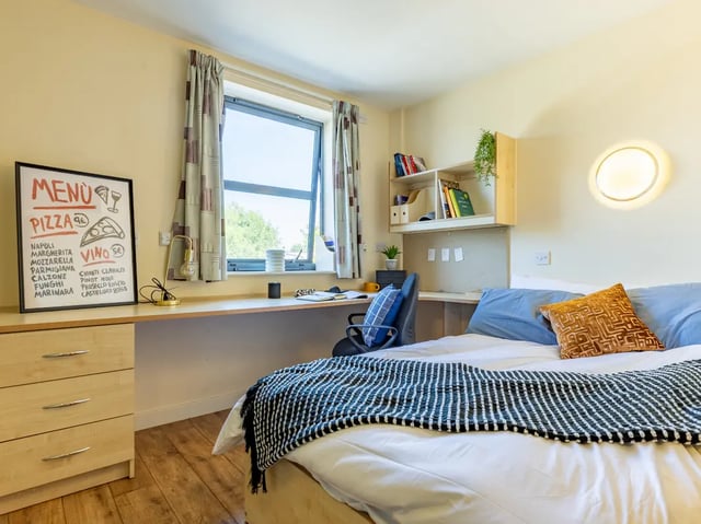 Bed desk with pizza menu and pillows Bedroom at Europa in Liverpool Student Accommodation