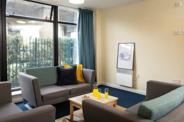 Two sofas small table drinks art living room at Newport Student Village in Newport Student Accommodation