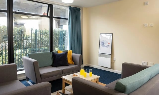 Sofa coffee table artwork and drinks living room at Newport Student Village in Newport Student Accommodation