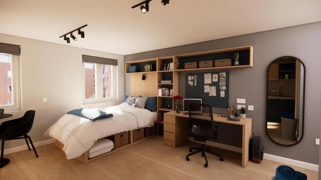 Bed desk shelving mirror bedroom at St Peters Court in Nottingham Student Accommodation
