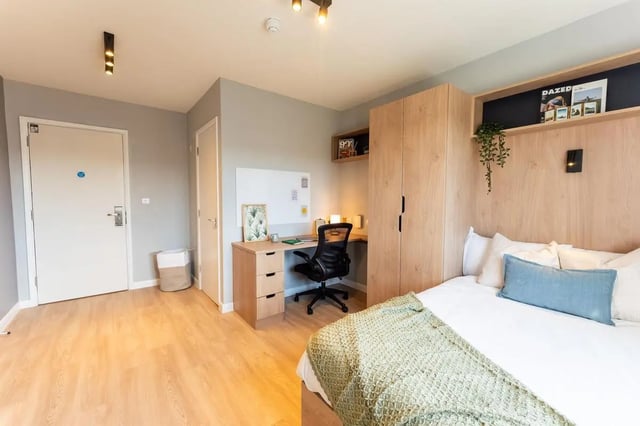 Bed desk and wardrobe student accommodation bedroom at St Peters Court in Nottingham Student Accommodation