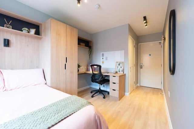 Bed desk wardrobe mirror study area exterior at St Peters Court in Nottingham Student Accommodation