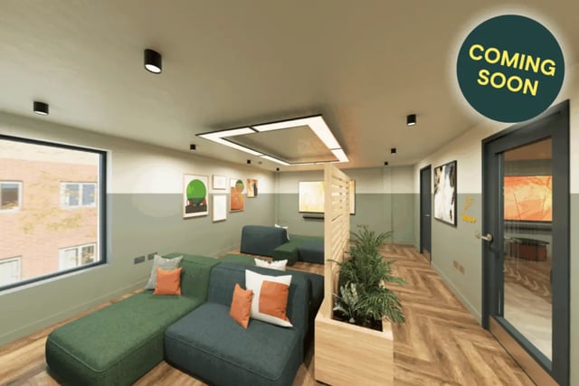 Modular sofas artwork plants communal living room at St Peters Court in Nottingham Student Accommodation