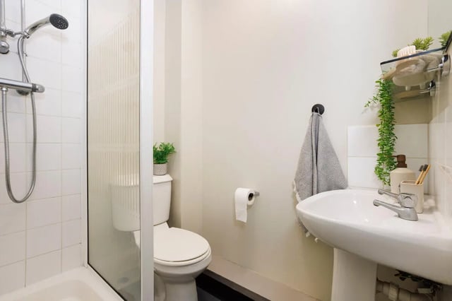 Toilet shower sink towel and plants bathroom at St Peters Court in Nottingham Student Accommodation