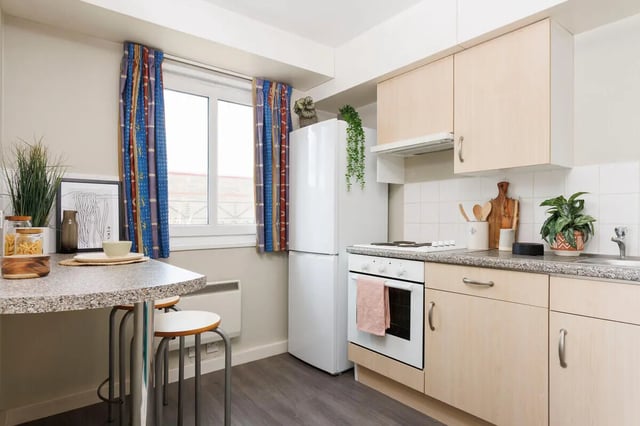 Kitchen with oven fridge and counter space kitchen at St Peters Court in Nottingham Student Accommodation