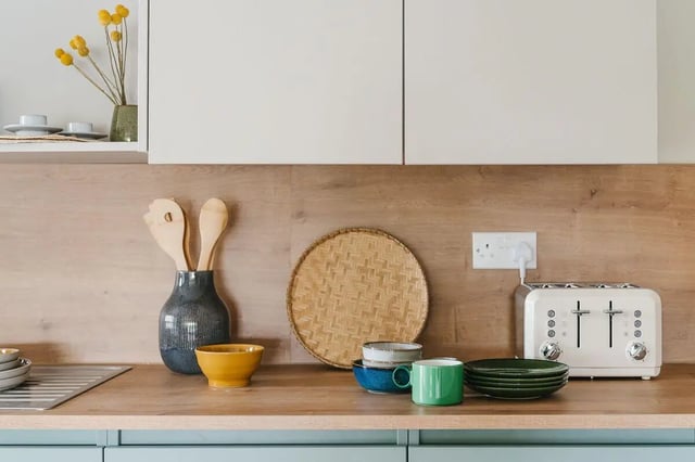 Kitchen counter with toaster bowls and utensils kitchen at City Wharf in Glasgow Student Accommodation