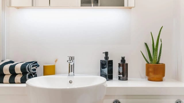 Sink with towels soap plant and toiletries bathroom at City Wharf in Glasgow Student Accommodation