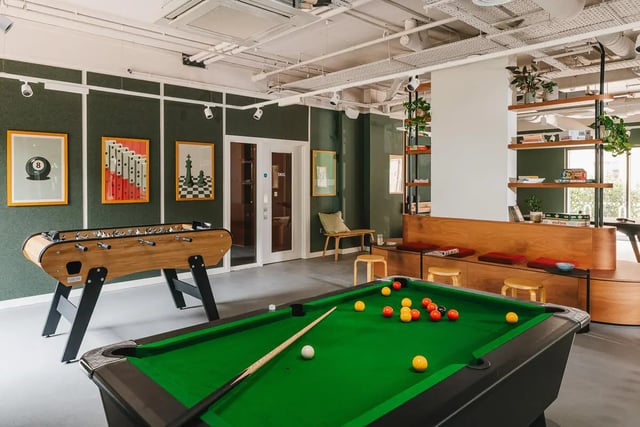 Pool table foosball art on wall playing area at City Wharf in Glasgow Student Accommodation
