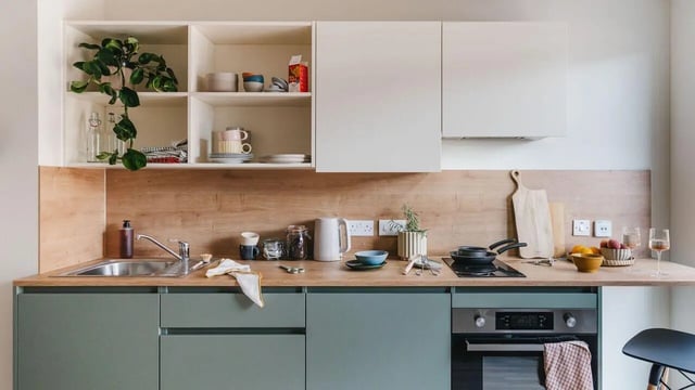 Sink hob cabinets and utensils kitchen at City Wharf in Glasgow Student Accommodation