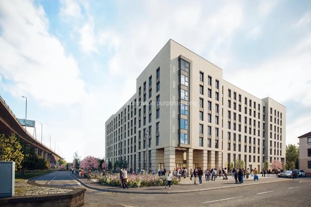 Modern building with people outside exterior at City Wharf in Glasgow Student Accommodation