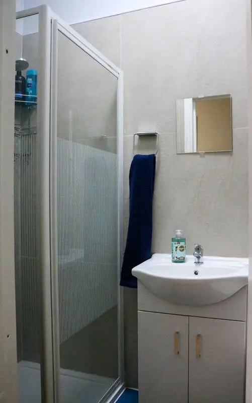 Shower sink mirror towel and cabinet bathroom at 42 Disraeli Rd E7 9JP in London Student Accommodation