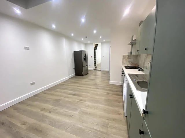 Fridge washing machine cabinets and sink kitchen at E7 8PF, Shaftsbury Rd, London in London Student Accommodation