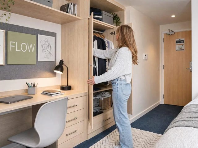 Desk, wardrobe, artwork, lamp, bedroom at Parham Student Village in Canterbury Student Accommodation