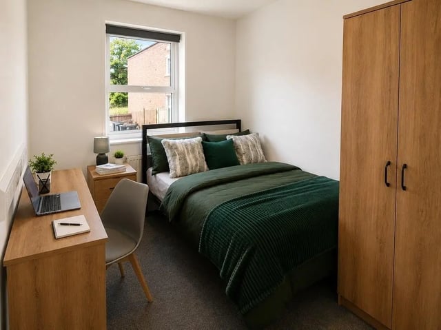 Bed desk wardrobe and chair bedroom at Parham Student Village in Canterbury Student Accommodation