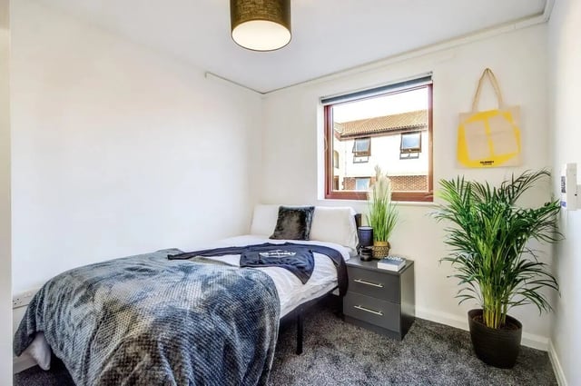 Bed nightstand plants yellow tote bag bedroom at Clanny House in Sunderland Student Accommodation