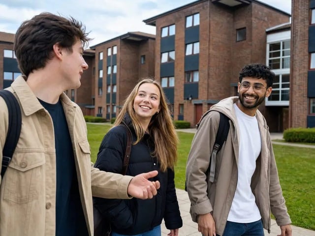 Three students walk on campus exterior at Clanny House in Sunderland Student Accommodation