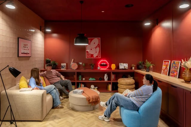 Sofa ottoman and beanbag seating living room at Fusion Students Liverpool in Liverpool Student Accommodation