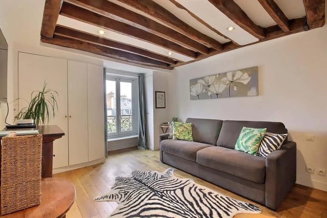 Sofa zebra rug painting open concept living room at Studio in Rue de Bourgogne, 75007 Paris, France in Paris Student Accommodation