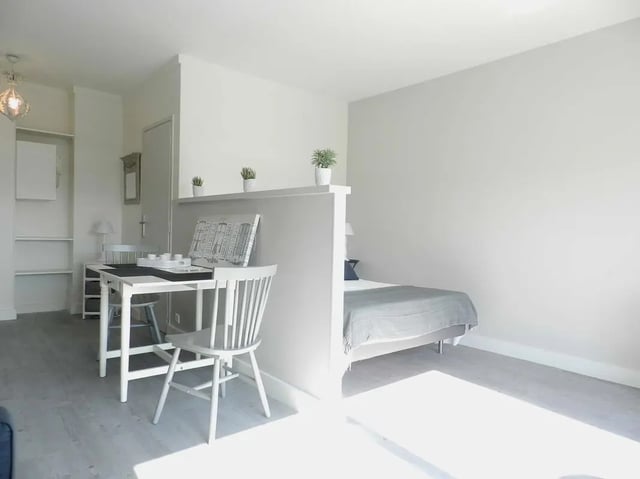 Table chairs bed plants and shelves Studio Apartment at Studio in Rue Lecourbe, 75015 Paris, France in Paris Student Accommodation