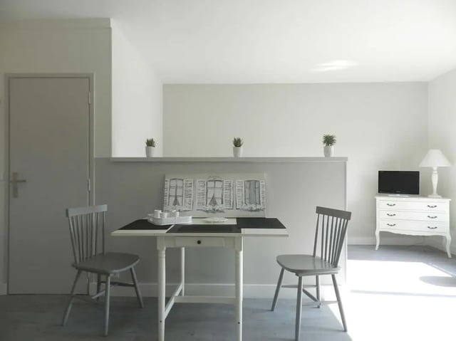 Table chairs painting plants dresser and TV living room at Studio in Rue Lecourbe, 75015 Paris, France in Paris Student Accommodation