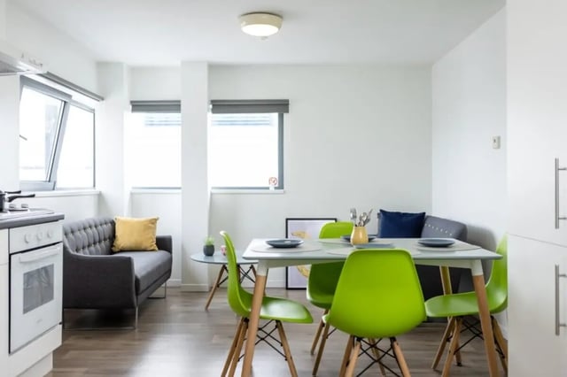 Modern studio living kitchen dining area at Lyme Regis House in Bournemouth Student Accommodation