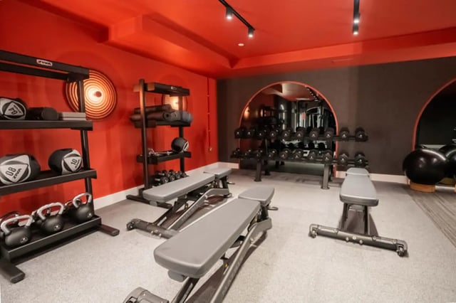 Dumbbells kettlebells benches exercise balls gym playing area at Skyline in Bournemouth Student Accommodation