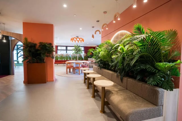 Modern seating area with plants and tables common space at Skyline in Bournemouth Student Accommodation