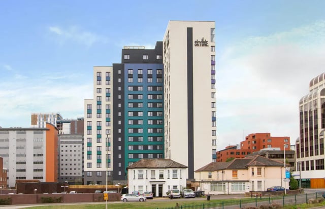 Modern accommodation building with various colors exterior at Skyline in Bournemouth Student Accommodation