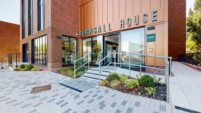 Building entrance with paved walkway and stairs exterior at Burnsall House in Coventry Student Accommodation
