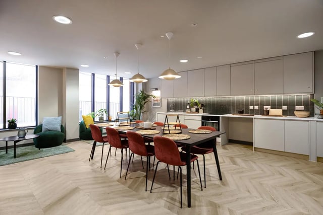Dining table chairs and kitchen area communal space at Burnsall House in Coventry Student Accommodation