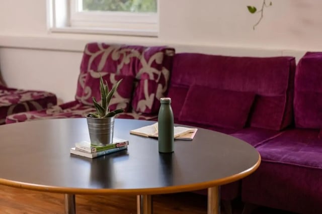 Plant books bottle on table with sofa living room at Cranborne House in Bournemouth Student Accommodation