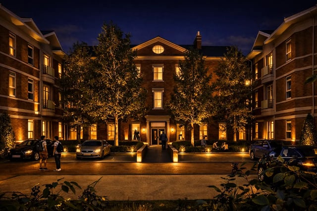 Brick buildings with lit windows trees and cars exterior at St Chads Student Village in Birmingham Student Accommodation