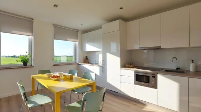 Yellow table chairs white cabinets microwave sink kitchen at Studeo by UniLodge in Melbourne Student Accommodation