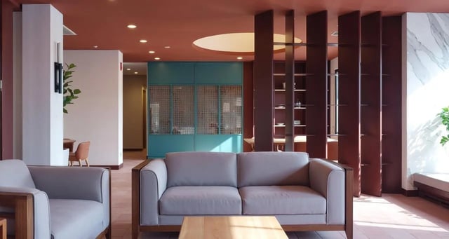 Sofa with wooden frame and coffee table living room at Studeo by UniLodge in Melbourne Student Accommodation
