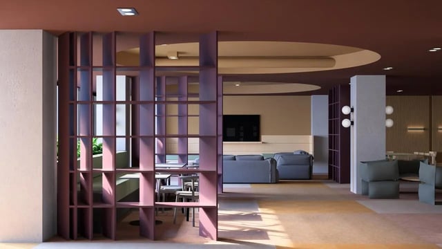 Shelving tables sofa and chairs living area at Studeo by UniLodge in Melbourne Student Accommodation