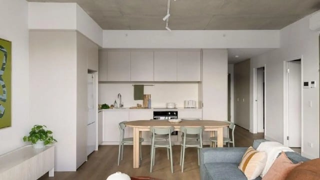 Kitchen dining area and living room interior at Assemble Swiftwalk in Melbourne Student Accommodation