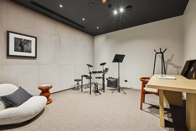 Digital drum set desk and records living area at West Tower, Melbourne Quarter in Melbourne Student Accommodation