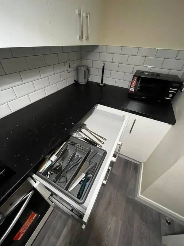 Drawer with cutlery and kitchen appliances kitchen at 16 Emmet Lodge, Emmet Court, Dublin 8 D08 EY83 in Dublin Student Accommodation