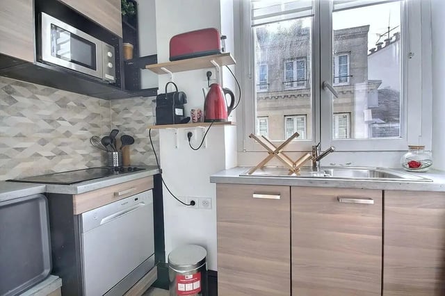 Microwave toaster kettles sink kitchen exterior at Apartment in Rue Dauphine, 75006 Paris, France in Paris Student Accommodation