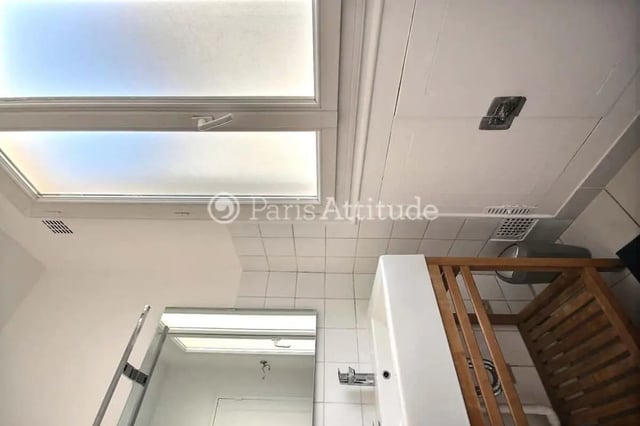 Skylight sink wooden shower screen bathroom at Apartment in Cité Voltaire, 75011 Paris, France in Paris Student Accommodation
