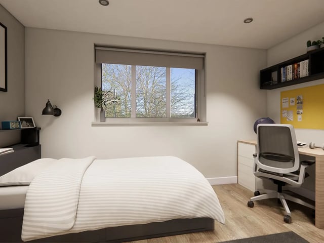 Bed desk chair shelves window bedroom at City Edge - Manchester in Manchester Student Accommodation