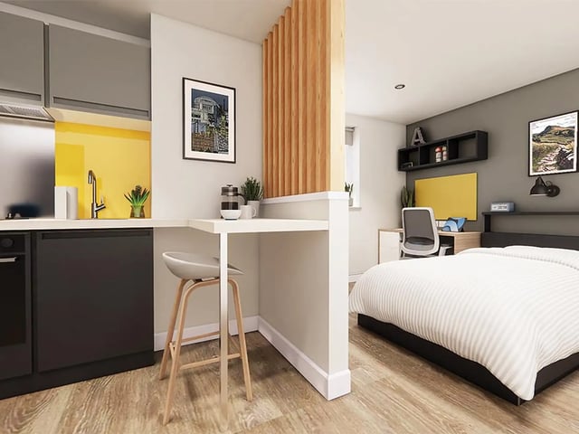 Kitchenette, desk, and bed studio apartment at City Edge - Manchester in Manchester Student Accommodation