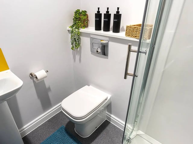 Toilet sink shower dispensers and plant bathroom at Moss Court in Manchester Student Accommodation