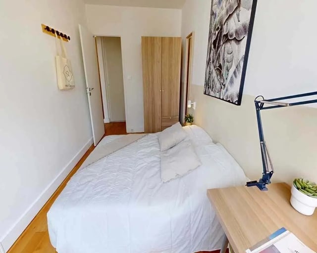 Bed desk lamp art wardrobe student bedroom at Room in 6 Rue de Vouillé, 75015 Paris, France in Paris Student Accommodation