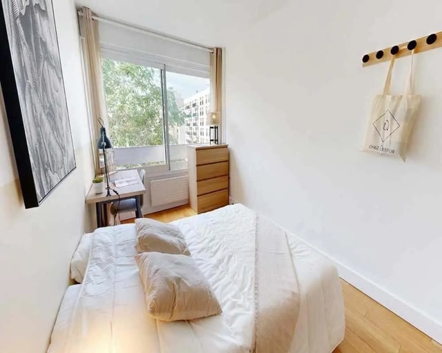 Bed desk dresser artwork tote bag bedroom at Room in 6 Rue de Vouillé, 75015 Paris, France in Paris Student Accommodation